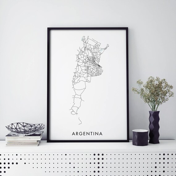 Argentina Country Road Map Minimal Line Art Poster Black White