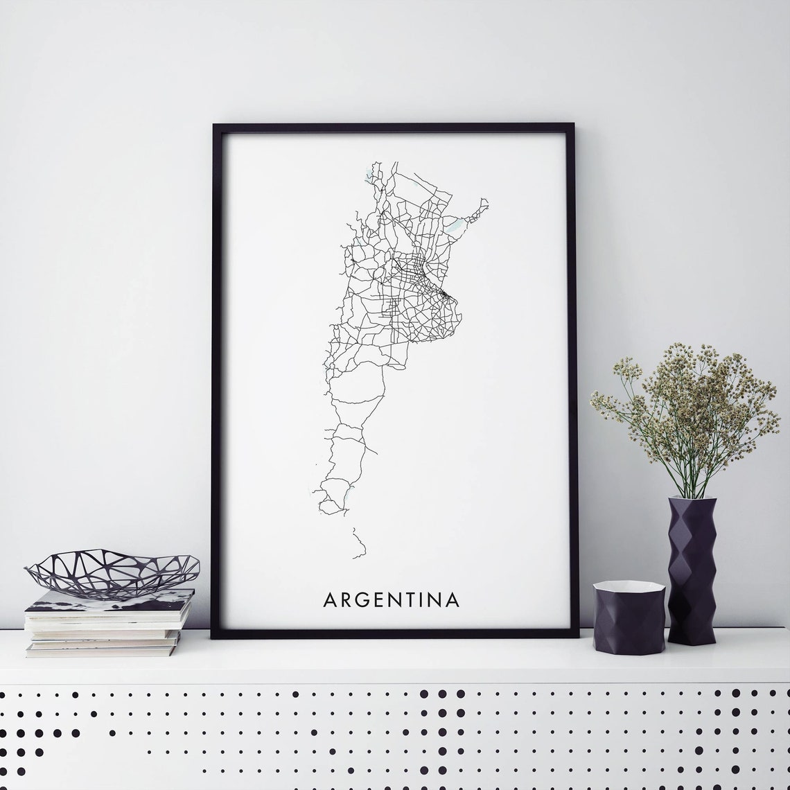 Argentina Country Road Map Minimal Line Art Poster Black White