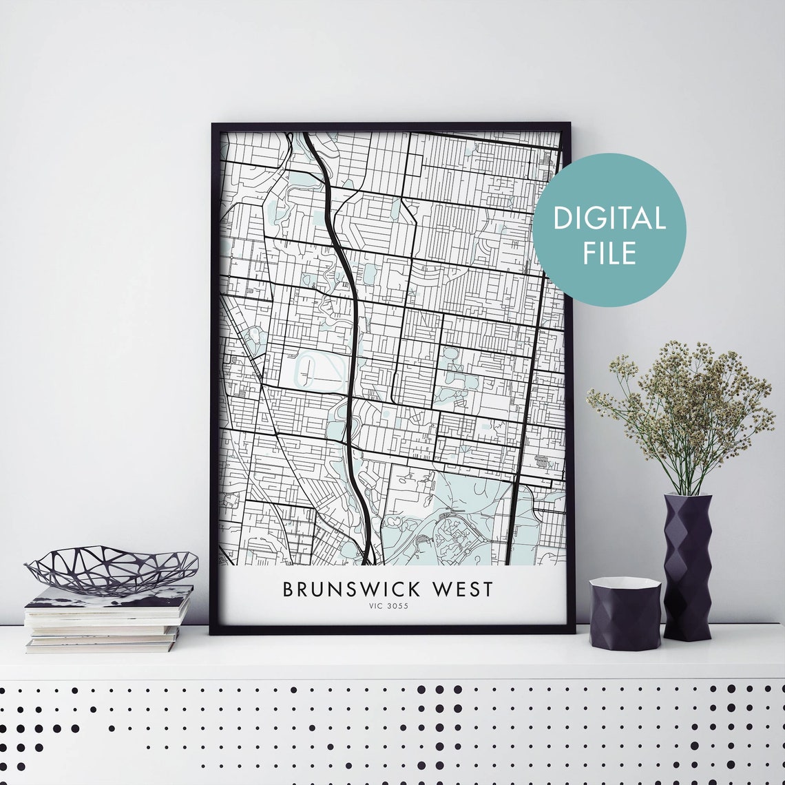 Brunswick West Melbourne City Map Digital File Line Art Poster