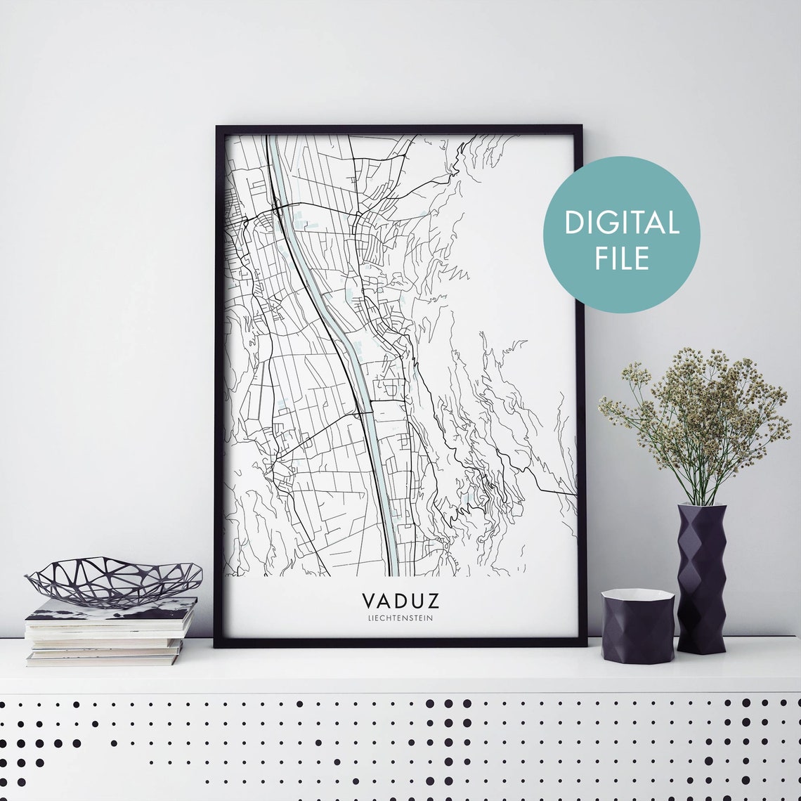 Vaduz Liechtenstein Teal Accent Minimalist City Map Art Poster