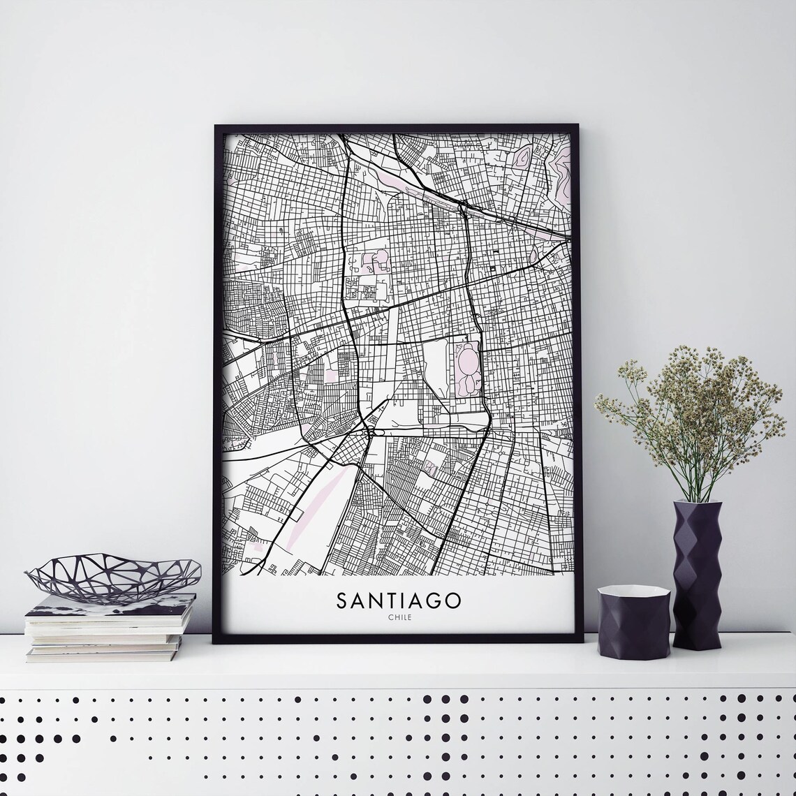 Santiago Chile Street Map Poster Minimalist Black White City Plan