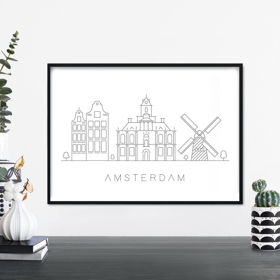 Amsterdam City Skyline Linear Illustration Print Wall Art 4x6 5x7 A4 A3 A2 A1