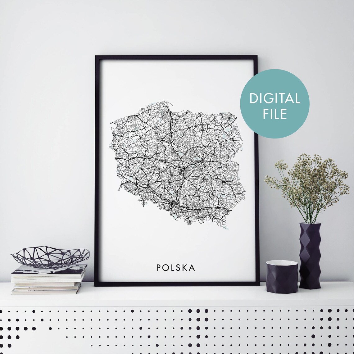 Polska Poland Country Road Map Print in Minimalist Black Line Art