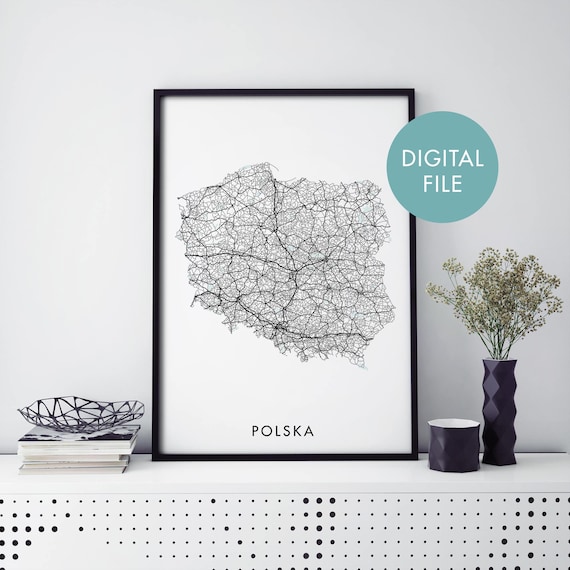 Polska Poland Country Road Map Print in Minimalist Black Line Art