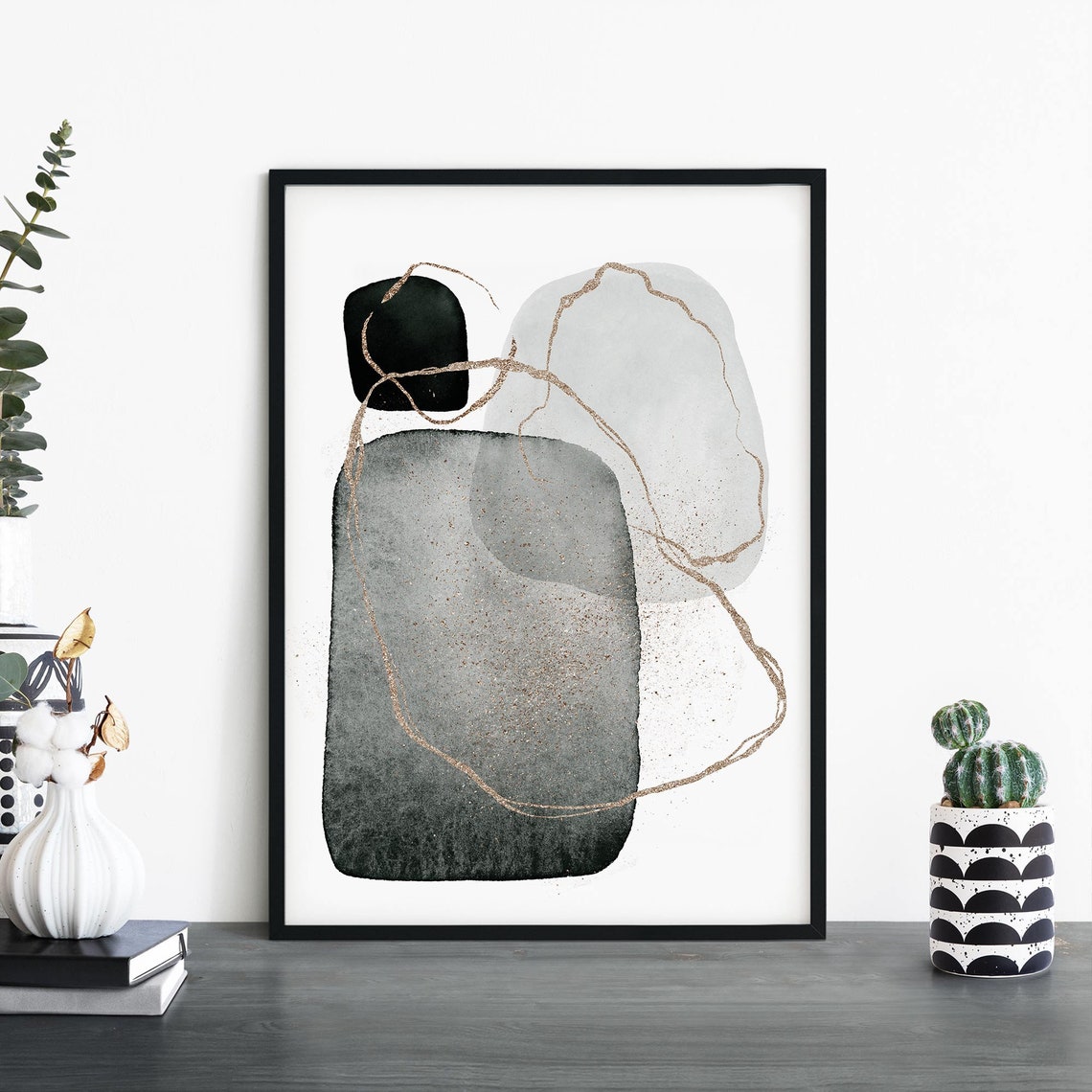 Layered Gray Shapes With Gold Loop Abstract Modern Decor Poster