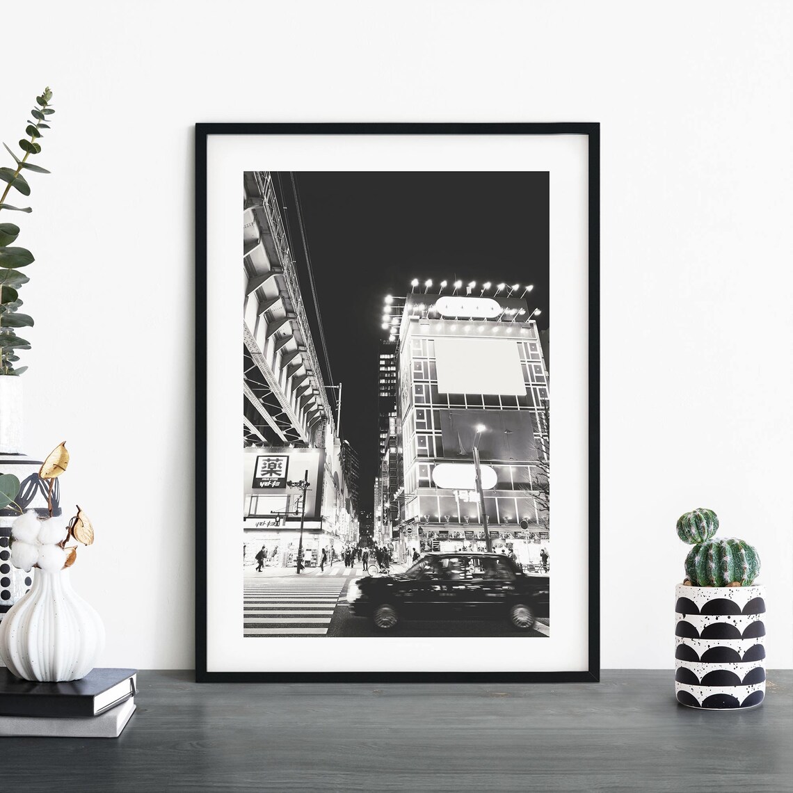 Akihabara Tokyo Night Street Neon Billboards Black White Print