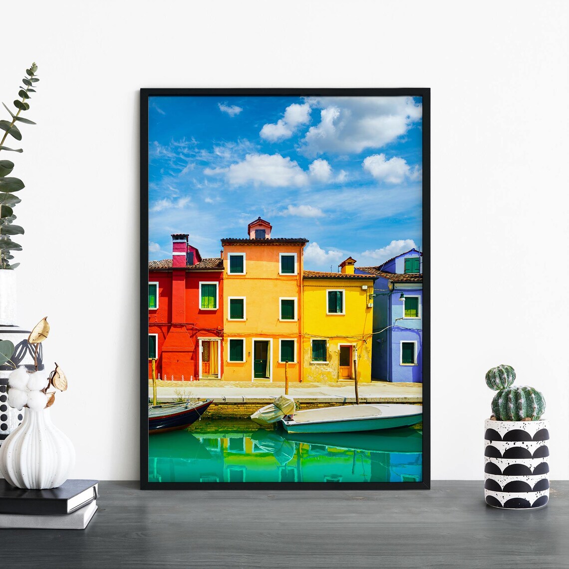Burano Venice Colorful Houses Canal Boats Reflection Travel Poster
