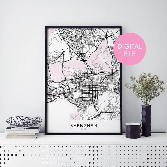 Shenzhen China Detailed City Map Digital Download File Poster