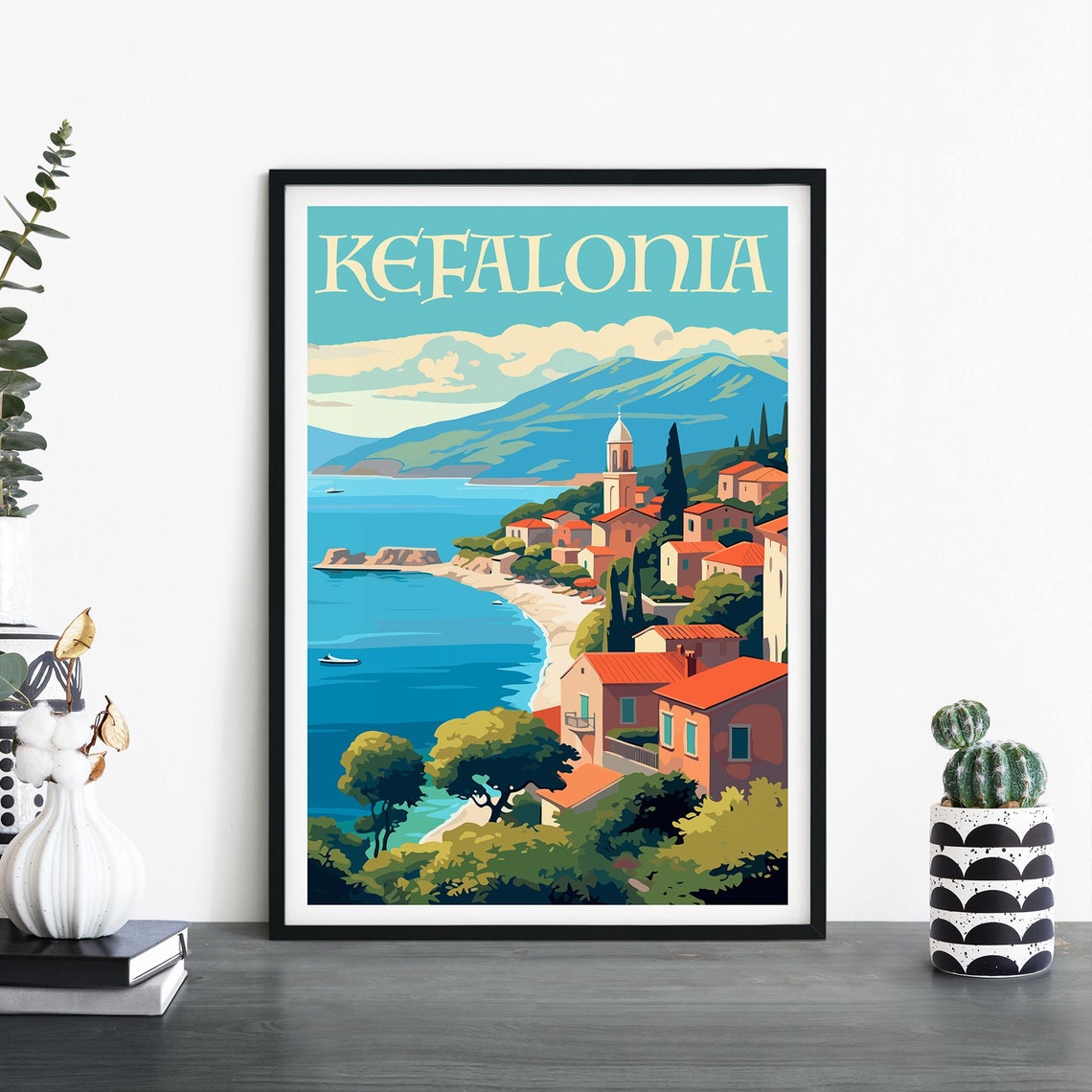 Kefalonia Greece Coastal Village Mediterranean Island Travel Poster