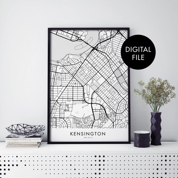 Kensington Perth Australia Monochrome Street Map Decor Poster