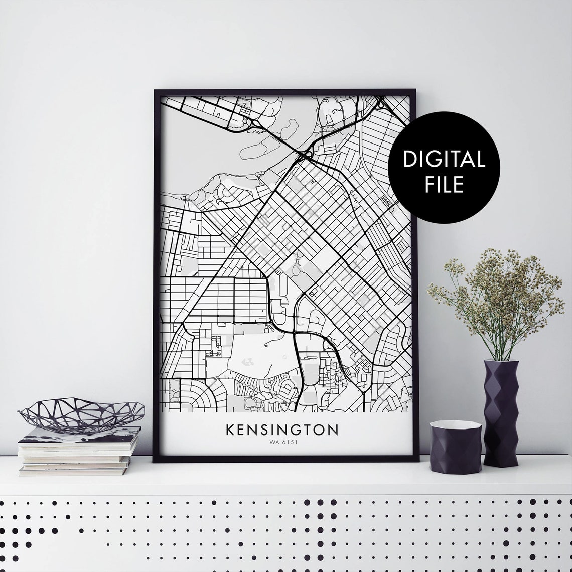 Kensington Perth Australia Monochrome Street Map Decor Poster