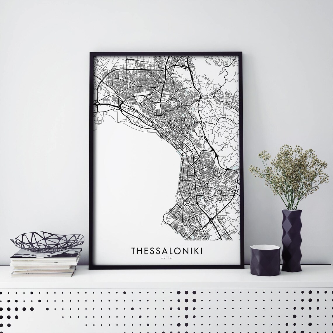 Thessaloniki Greece City Street Map Minimalist Black White Art Print
