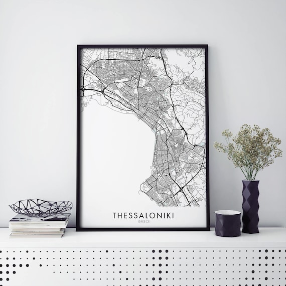 Thessaloniki Greece City Street Map Minimalist Black White Art Print