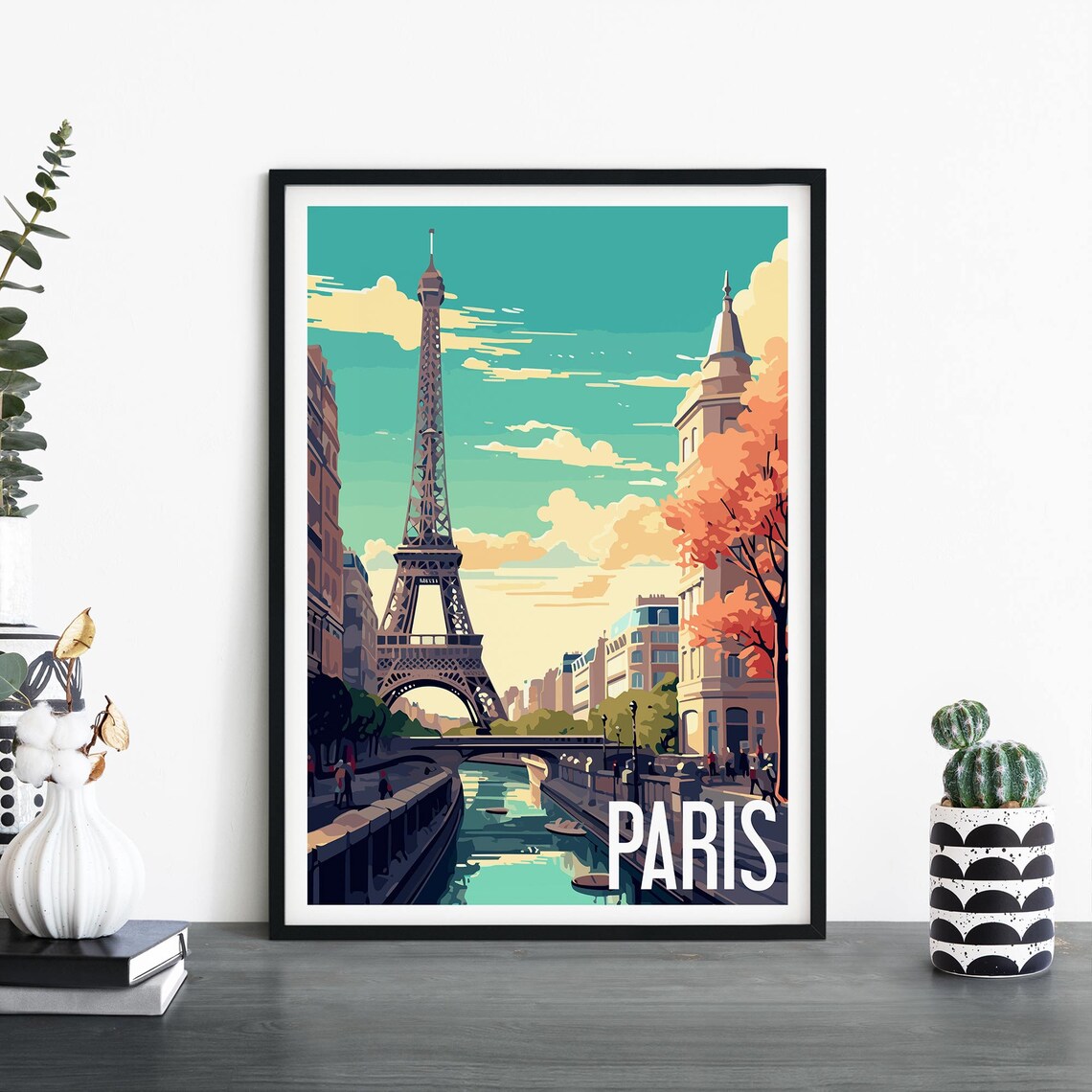 Paris Eiffel Tower Street With Seine Bridge Retro Travel Poster