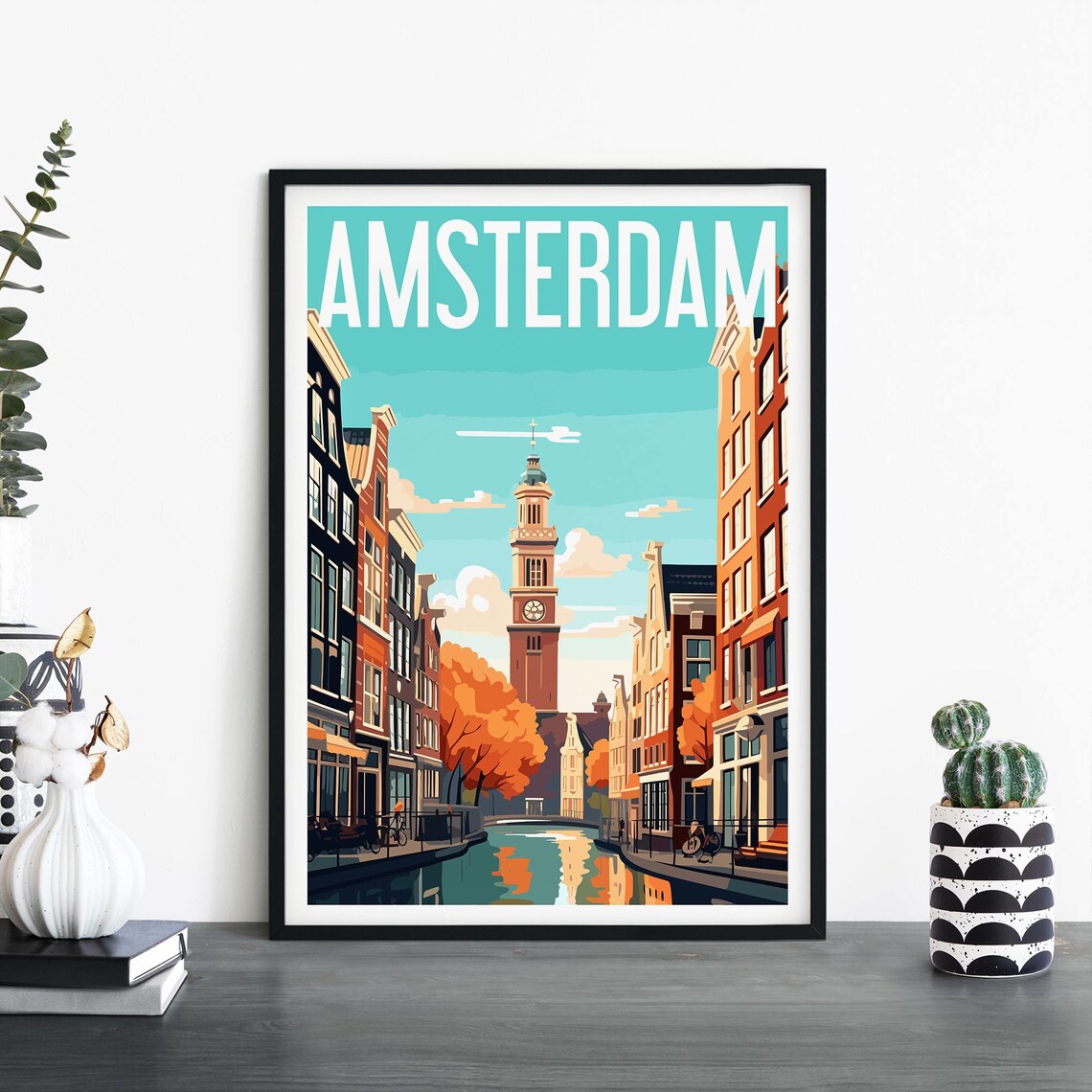 Amsterdam Canal Street Clock Tower Autumn Trees Travel Poster