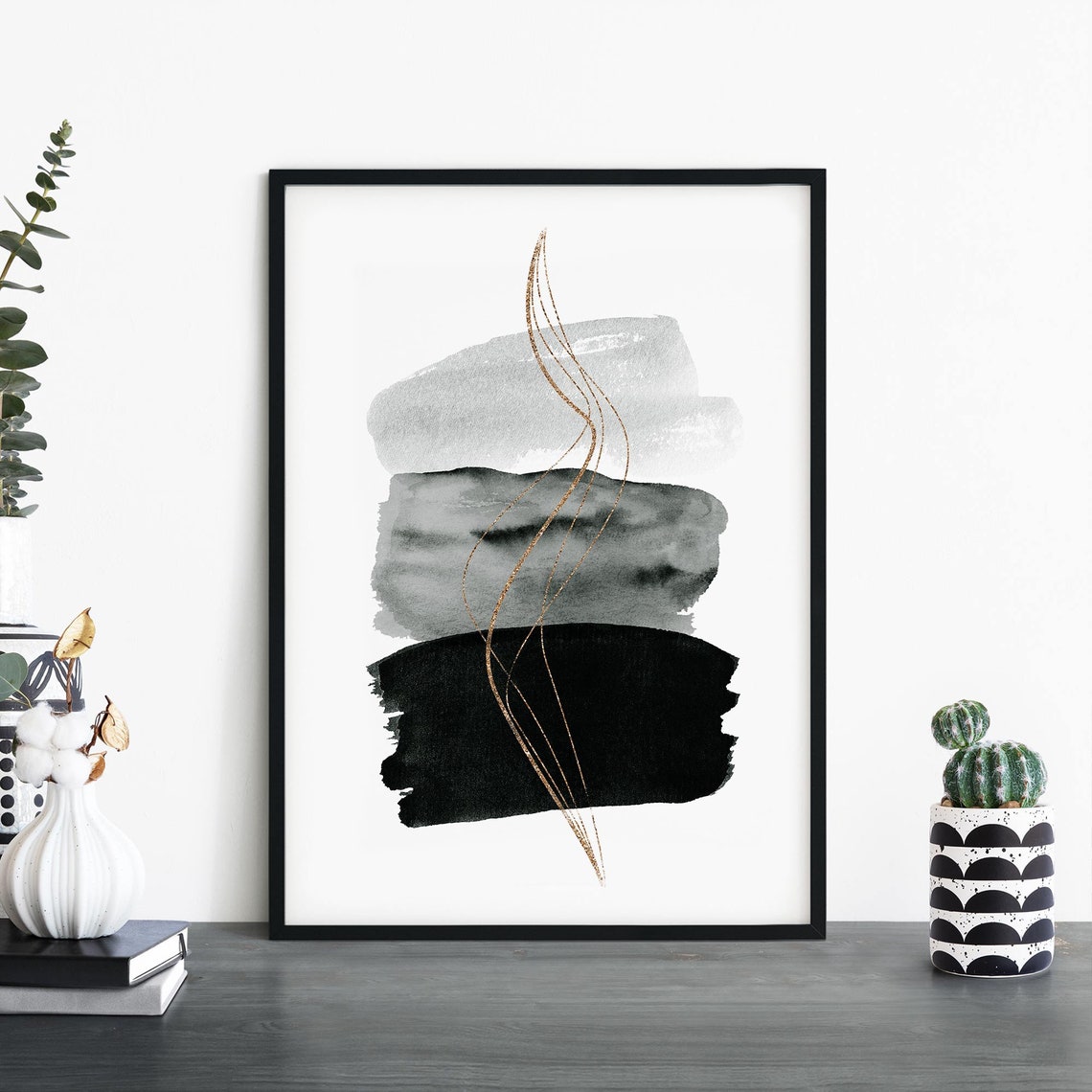 Black Grey Brushstroke Abstract Gold Line Minimalist Art Print