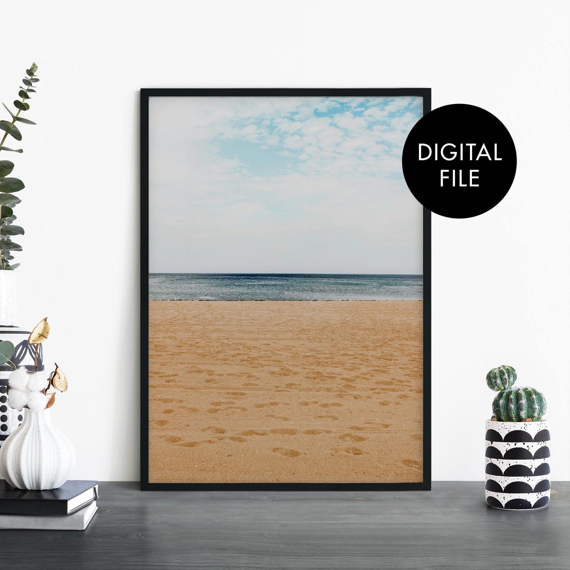 Empty Sandy Beach Ocean Horizon Digital File Photography Print