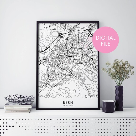 Bern Switzerland Old Town Black and White Street Map Art Poster