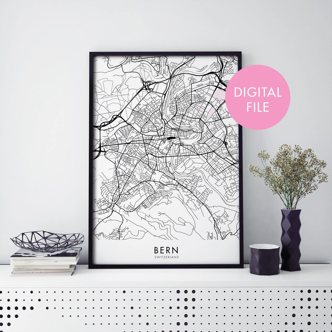 Bern Switzerland Old Town Black and White Street Map Art Poster