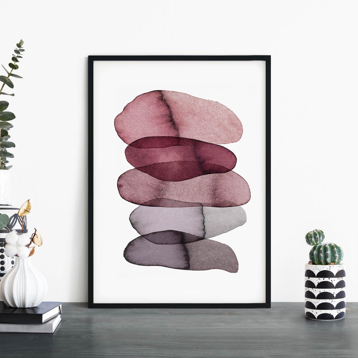 Stacked Watercolor Pebbles Burgundy Abstract Wall Decor Poster