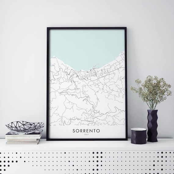 Sorrento Italy City Map Poster Minimal Black Street Lines Coastline Art