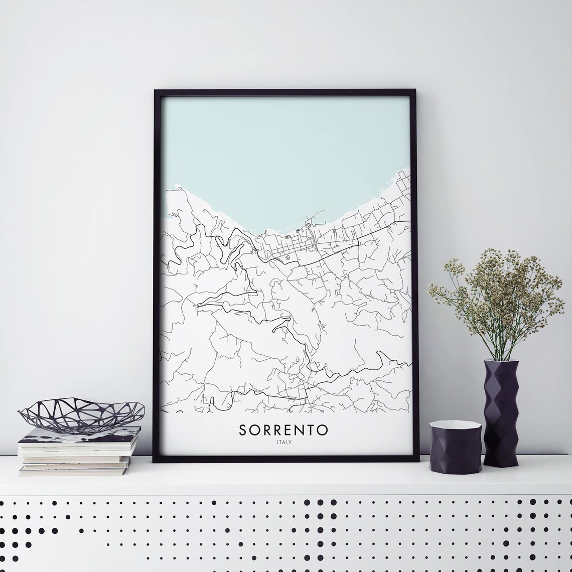 Sorrento Italy City Map Poster Minimal Black Street Lines Coastline Art