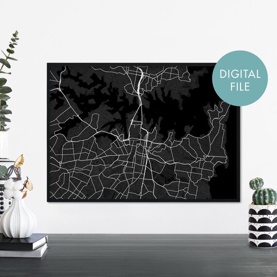 Sydney City Map Poster, Black Framed Minimalist Australia Street Map Decor