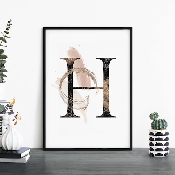 Gold Glitter Letter H Monogram Blush Watercolor Modern Wall Art