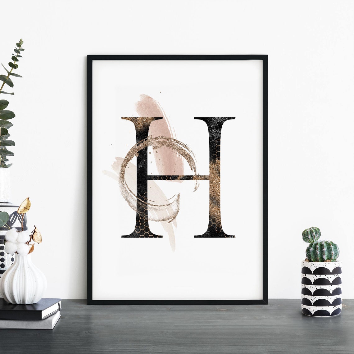 Gold Glitter Letter H Monogram Blush Watercolor Modern Wall Art