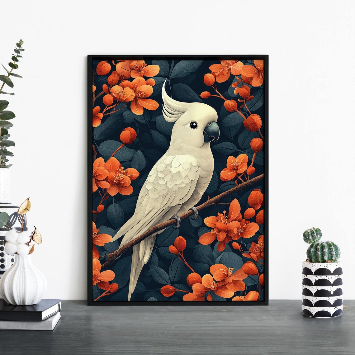 White Cockatoo Among Orange Blossoms Illustrative Bird Poster