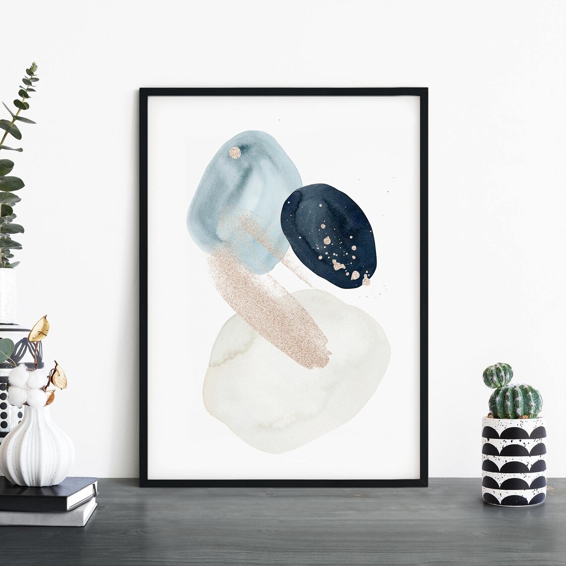 Organic Stone Shapes Abstract Dusty Blue Gold Watercolor Poster