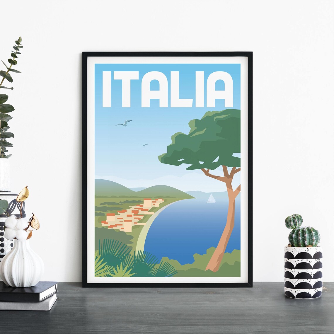 Italia Mediterranean Coast Umbrella Pine Seaside Travel Poster
