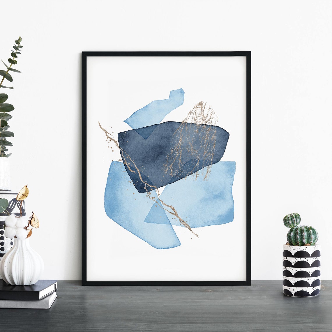 Layered Blue Watercolor Shapes With Gold Crackle Abstract Print