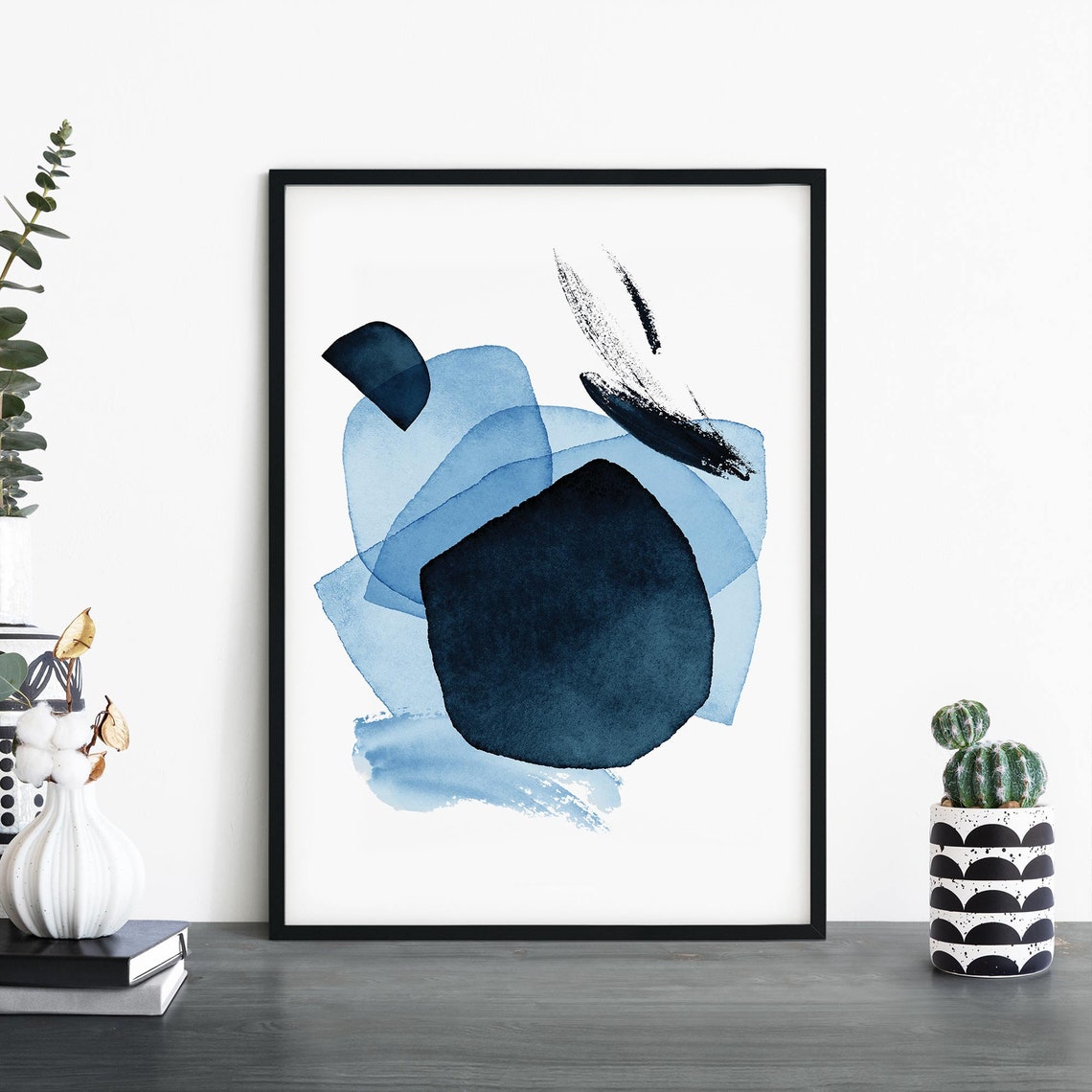 Navy Blue Watercolor Abstract Shapes Modern Minimalist Art Poster