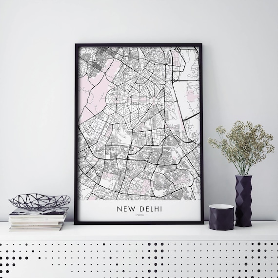 New Delhi India Black and White Minimalist City Street Map Travel Poster
