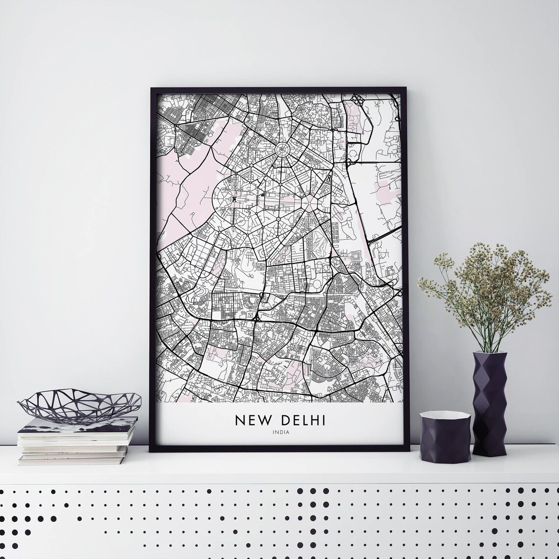 New Delhi India Black and White Minimalist City Street Map Travel Poster