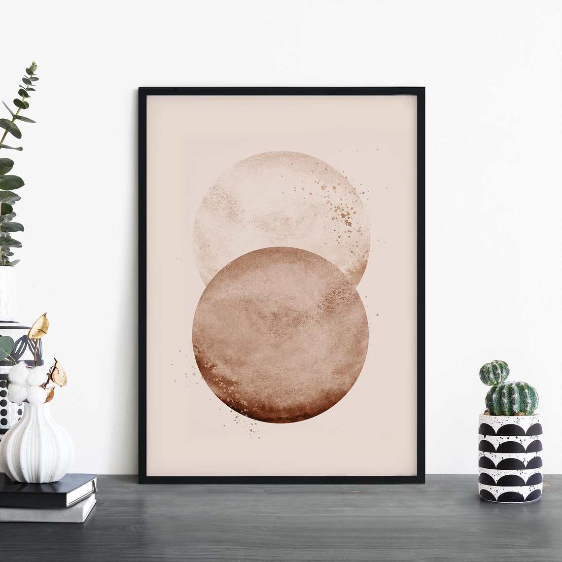 Overlapping Bronze Watercolor Circles Gold Splatter Abstract Print