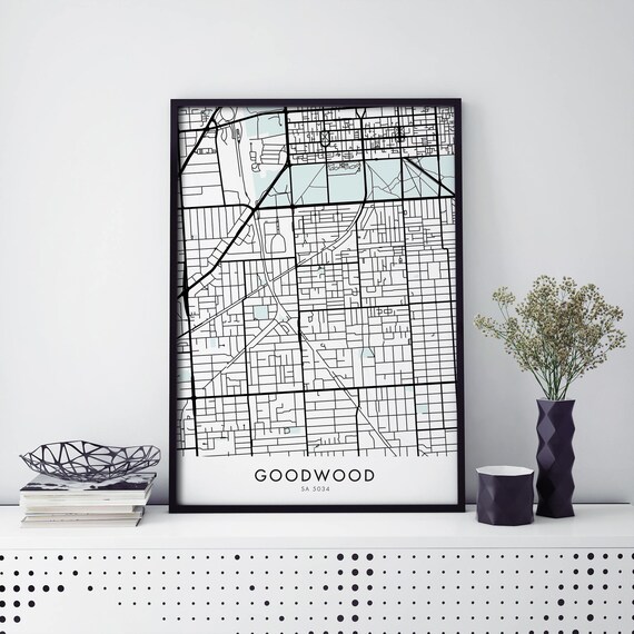 Goodwood Adelaide Black And White Detailed Street Map Wall Poster