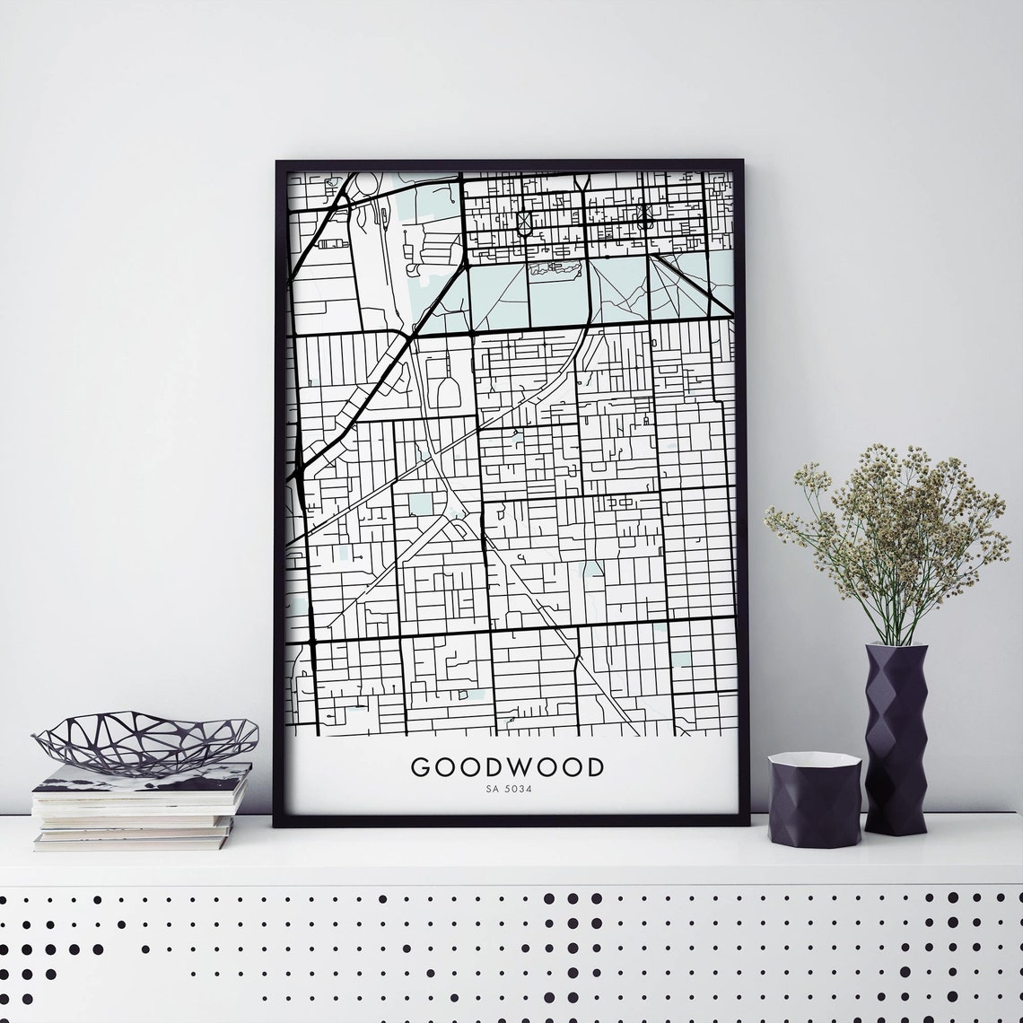 Goodwood Adelaide Black And White Detailed Street Map Wall Poster