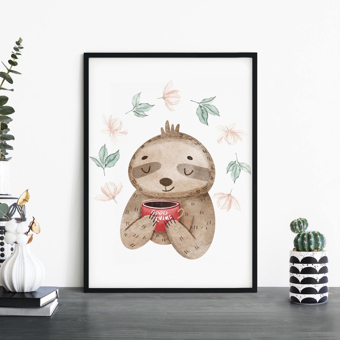 Morning Sloth Good Morning Mug Cute Watercolor Kitchen Print