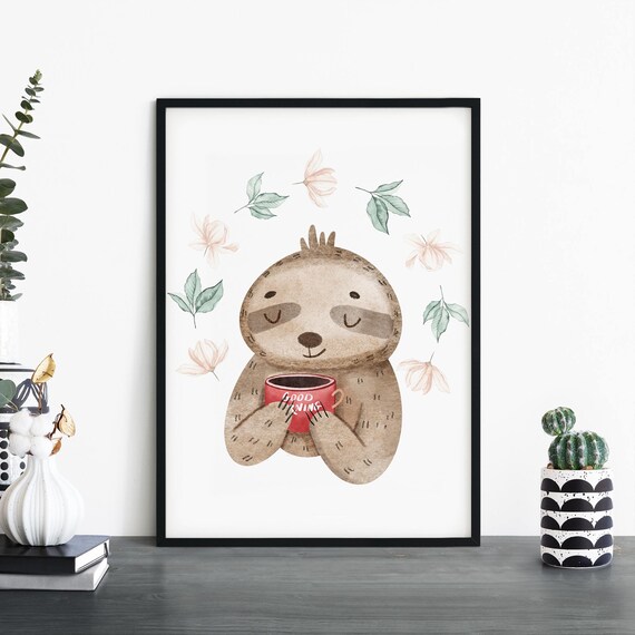 Morning Sloth Poster Print Wall Art Childrens Kids Boys Girls Nursery Bedroom A4 A3 A2 A1