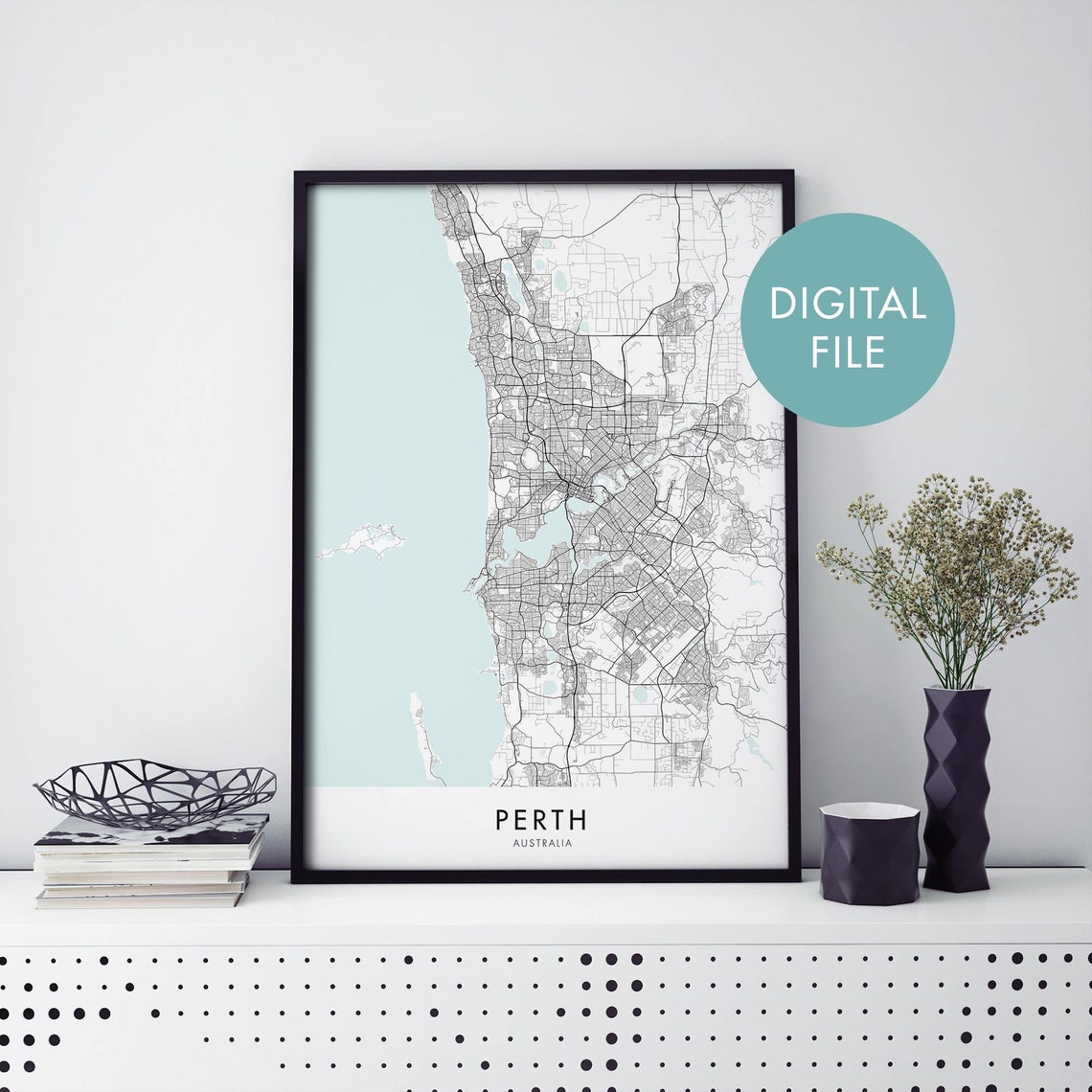 Perth Australia Coastal City Map Digital File Edition Poster