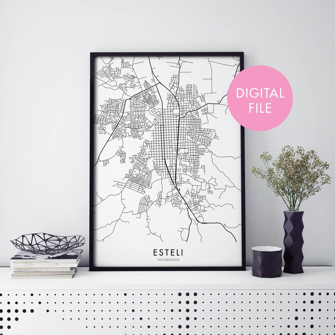 Esteli Nicaragua City Street Map Black White Minimalist Poster