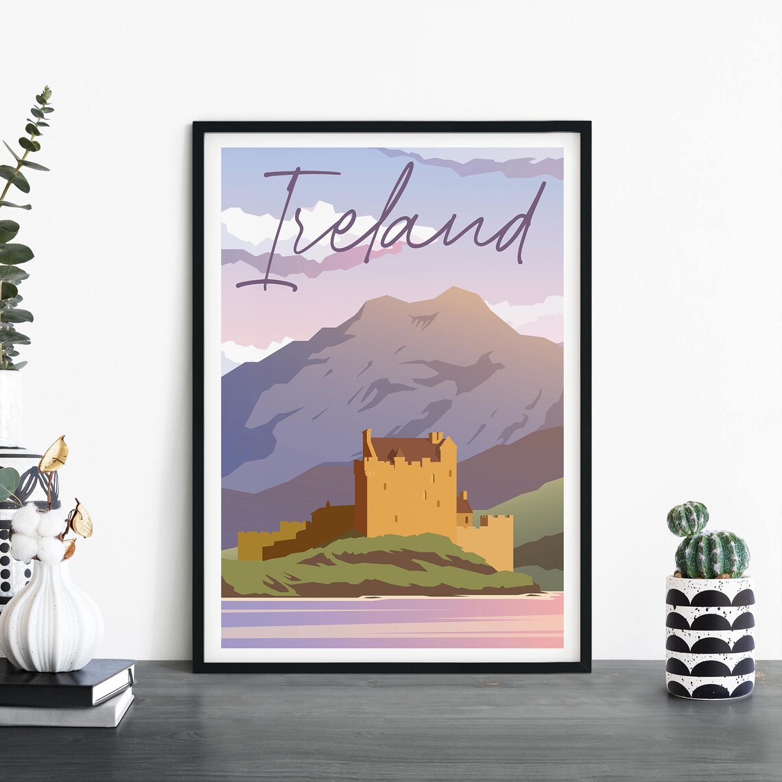 Ireland Castle Mountain Lake Scenic Illustrative Travel Poster