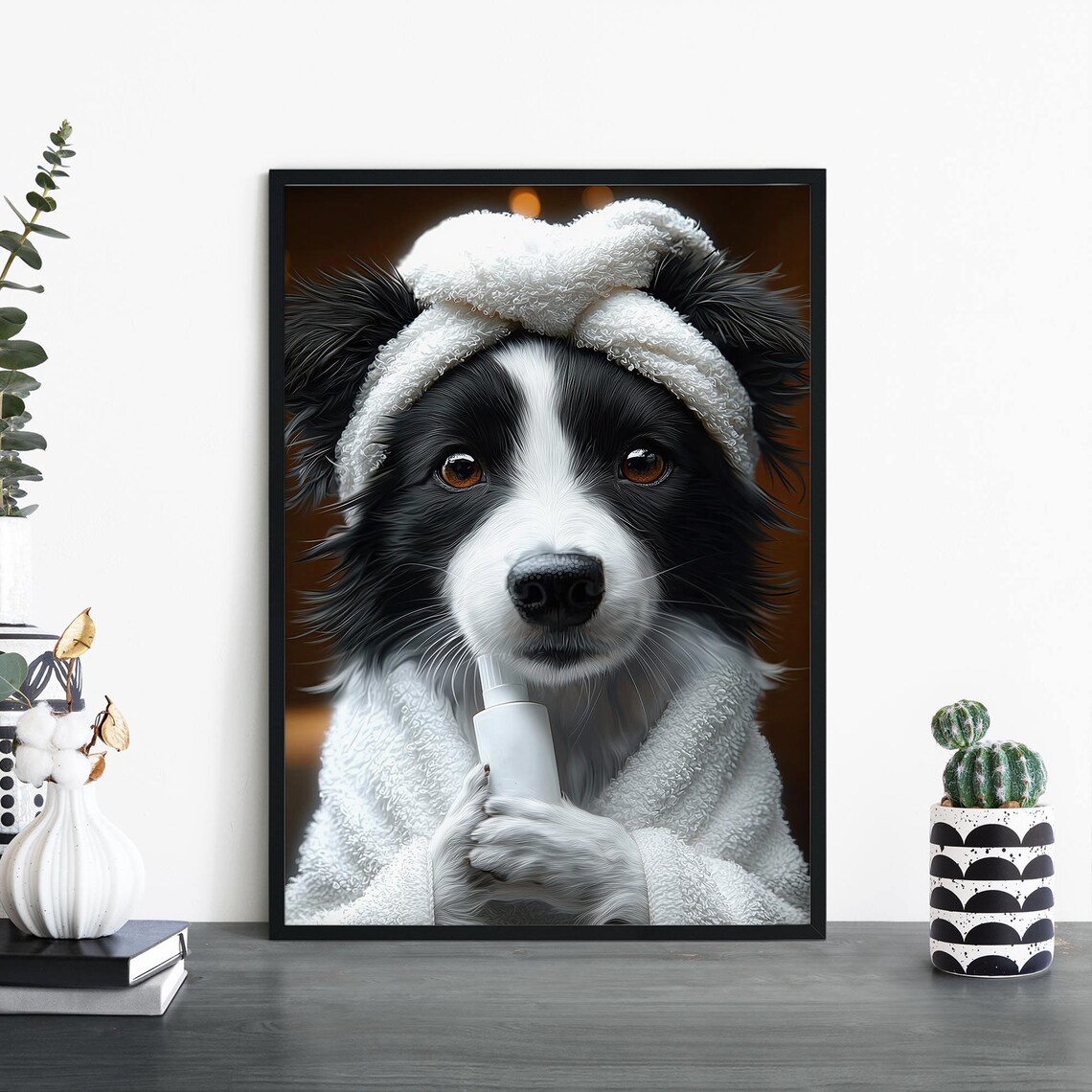 Border Collie Spa Day With Towel Turban Cute Dog Portrait Poster