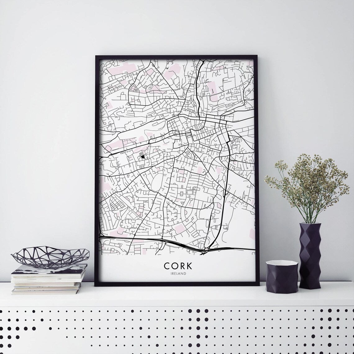 Cork Ireland Minimalist City Map Print Black and White Urban Wall Decor