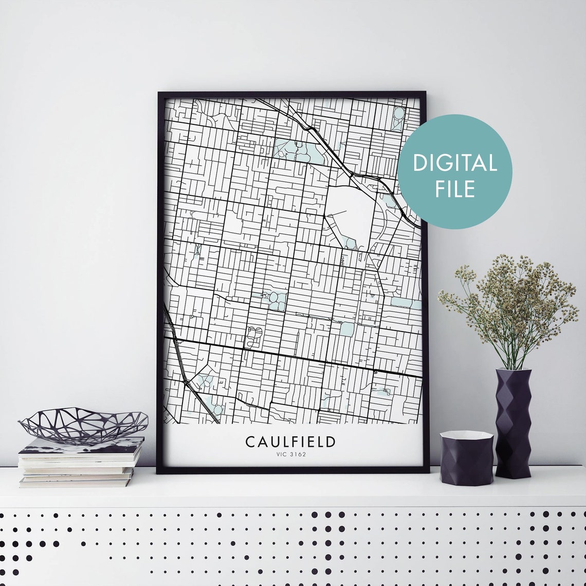 Caulfield Melbourne VIC 3162 Black White Street Map Line Poster