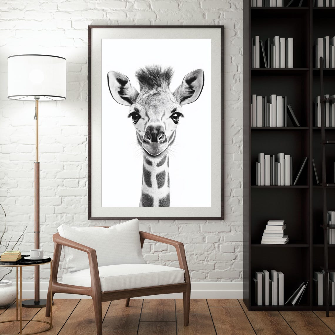 Baby Giraffe Portrait in Black and White Nursery Sketch Poster - Image 3