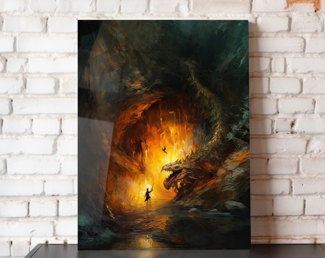 Young Warrior Giant Serpent Fiery Cavern Epic Basilisk Battle Art Poster