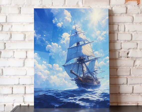 Tall Sailing Ship Bright Blue Ocean Sunny Nautical Voyage Painting Poster